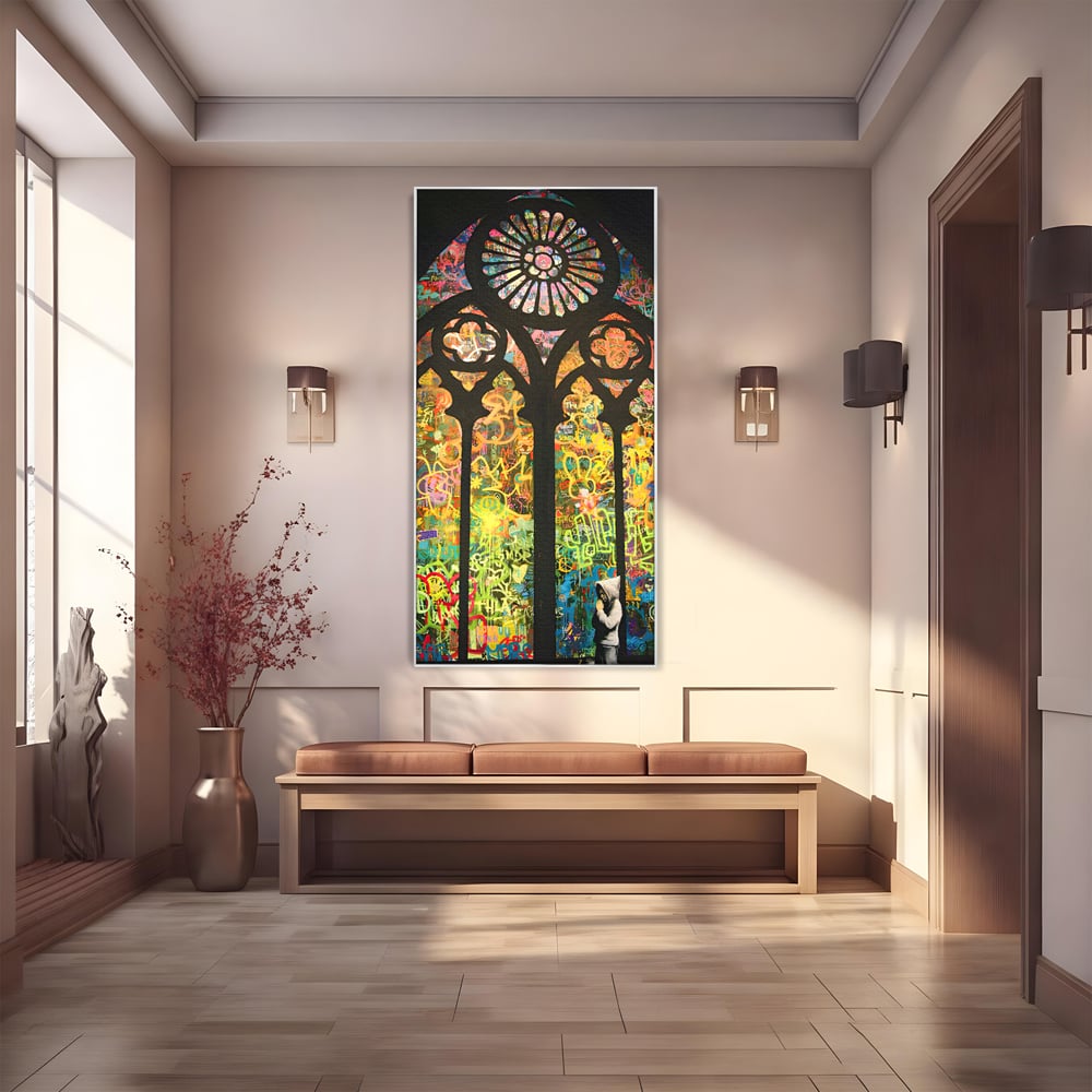 Tablou canvas cu tablou canvas cu vitraliu si graffiti, in rama de aluminiu argintiu